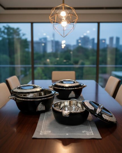 Stacked 3-piece black insulated hot pot set with chrome silver accents on a marble kitchen countertop.