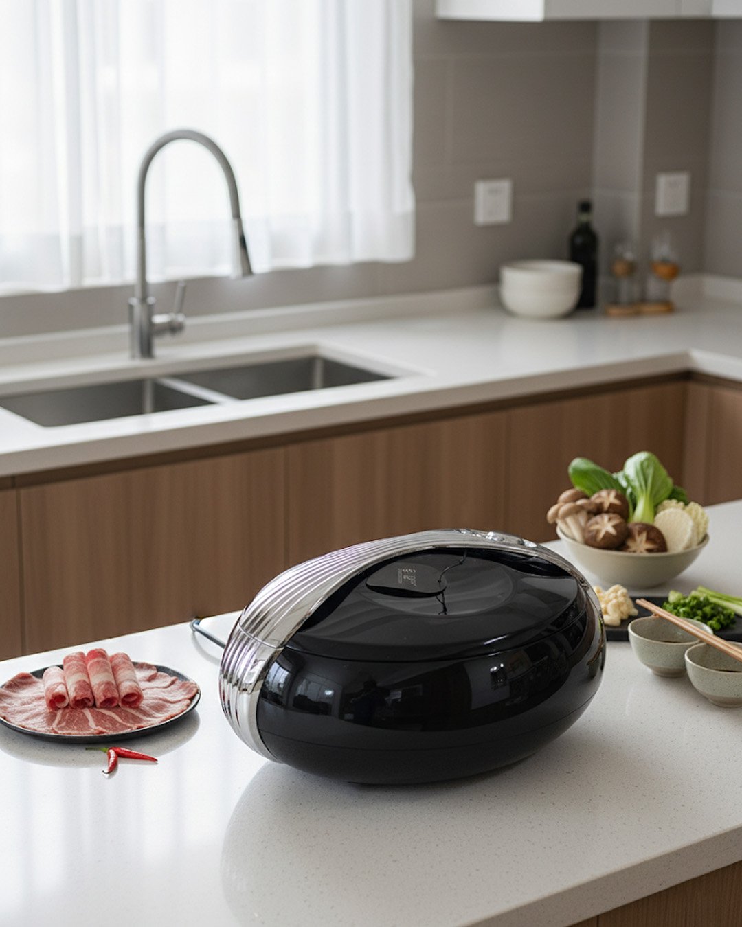 1.1 Modern sleek black insulated thermal hotpot casserole with metallic chrome accents on a kitchen counter with fresh hotpot ingredients