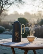 A professional display of three 1-liter Feenik vacuum thermoses in Black, White, and Coffee colors. Each flask features a gold-accented handle, a decorative gold floral print, and a push-to-pour lid, set against a clean kitchen background.