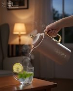 A professional display of three 1-liter Feenik vacuum thermoses in Black, White, and Coffee colors. Each flask features a gold-accented handle, a decorative gold floral print, and a push-to-pour lid, set against a clean kitchen background.