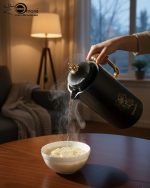 A professional display of three 1-liter Feenik vacuum thermoses in Black, White, and Coffee colors. Each flask features a gold-accented handle, a decorative gold floral print, and a push-to-pour lid, set against a clean kitchen background.