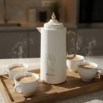 A professional display of three 1-liter Feenik vacuum thermoses in Black, White, and Coffee colors. Each flask features a gold-accented handle, a decorative gold floral print, and a push-to-pour lid, set against a clean kitchen background.