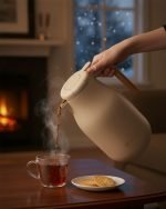 Feenik 2 Litre Premium Vacuum Flask with glass lined interior and wood-effect handle, featuring push-button pour mechanism and airtight cap for hot and cold beverages.