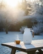 Feenik 2 Litre Premium Vacuum Flask with glass lined interior and wood-effect handle, featuring push-button pour mechanism and airtight cap for hot and cold beverages.