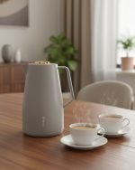 Feenik 2 liter thermal carafe vacuum flask displayed in Coffee, Grey, and White colors, featuring infographics highlighting the glass inside, airtight cap, sleek handle, push-button pouring, and sturdy plastic base.