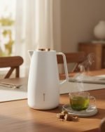 Feenik 2 liter thermal carafe vacuum flask displayed in Coffee, Grey, and White colors, featuring infographics highlighting the glass inside, airtight cap, sleek handle, push-button pouring, and sturdy plastic base.