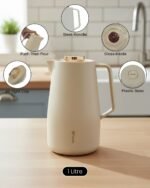 Feenik 2 liter thermal carafe vacuum flask displayed in Coffee, Grey, and White colors, featuring infographics highlighting the glass inside, airtight cap, sleek handle, push-button pouring, and sturdy plastic base.