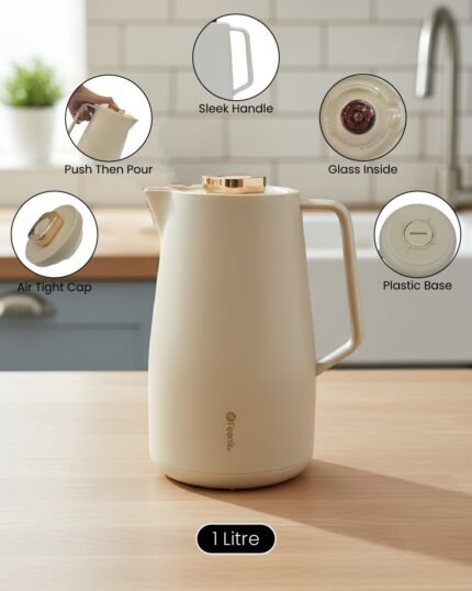 Feenik 2 liter thermal carafe vacuum flask displayed in Coffee, Grey, and White colors, featuring infographics highlighting the glass inside, airtight cap, sleek handle, push-button pouring, and sturdy plastic base.