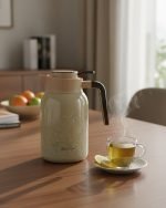 2 litre insulated thermos flask with floral print design, shown in green and white colors. Infographic highlights features including smooth handle, push-to-pour button, stainless steel interior, air-tight cap, and non-slip rubber base.