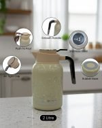 2 litre insulated thermos flask with floral print design, shown in green and white colors. Infographic highlights features including smooth handle, push-to-pour button, stainless steel interior, air-tight cap, and non-slip rubber base.