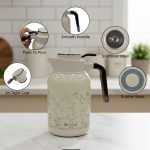 2 litre insulated thermos flask with floral print design, shown in green and white colors. Infographic highlights features including smooth handle, push-to-pour button, stainless steel interior, air-tight cap, and non-slip rubber base.