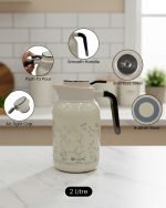 2 litre insulated thermos flask with floral print design, shown in green and white colors. Infographic highlights features including smooth handle, push-to-pour button, stainless steel interior, air-tight cap, and non-slip rubber base.