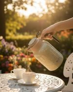 2 litre insulated thermos flask with floral print design, shown in green and white colors. Infographic highlights features including smooth handle, push-to-pour button, stainless steel interior, air-tight cap, and non-slip rubber base.