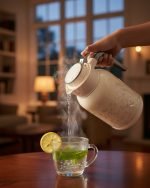 2 litre insulated thermos flask with floral print design, shown in green and white colors. Infographic highlights features including smooth handle, push-to-pour button, stainless steel interior, air-tight cap, and non-slip rubber base.