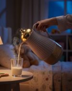 1 Liter luxury vacuum thermos flask with gold top and glass liner, featuring a ribbed body design and push-to-pour button, available in Dark Grey, Grey, and White colors.