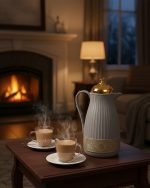 1 Liter luxury vacuum thermos flask with gold top and glass liner, featuring a ribbed body design and push-to-pour button, available in Dark Grey, Grey, and White colors.