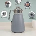 1 Litre vacuum thermos flask with glass liner and push-button pour mechanism, shown in Green, White, and Grey colors for tea and coffee serving.