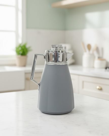 1 Litre vacuum thermos flask with glass liner and push-button pour mechanism, shown in Green, White, and Grey colors for tea and coffee serving.