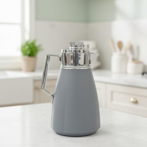 1 Litre vacuum thermos flask with glass liner and push-button pour mechanism, shown in Green, White, and Grey colors for tea and coffee serving.