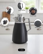 1 Litre vacuum thermos flask with glass liner and push-button pour mechanism, shown in Green, White, and Grey colors for tea and coffee serving.