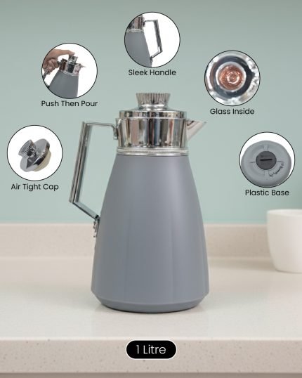 1 Litre vacuum thermos flask with glass liner and push-button pour mechanism, shown in Green, White, and Grey colors for tea and coffee serving.