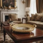 Elevate your home décor and entertaining with this exquisite, ornate gold serving tray. This luxurious decorative metal platter instantly transforms any surface into a dazzling display. Crafted in an opulent Victorian-style with intricate filigree detailing, this piece is the ultimate home accent for those who value timeless glamour.