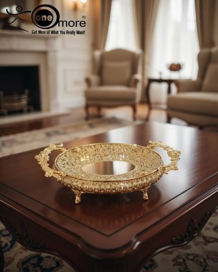 Elevate your home décor and entertaining with this exquisite, ornate gold serving tray. This luxurious decorative metal platter instantly transforms any surface into a dazzling display. Crafted in an opulent Victorian-style with intricate filigree detailing, this piece is the ultimate home accent for those who value timeless glamour.