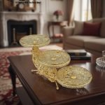 Elevate your entertaining and home decor with this breathtaking Gold Crescent Moon Three-Tier Serving Platter. Crafted with an intricate, scrolled gold-tone metal stand, this unique centerpiece is designed in an artistic crescent-moon shape, supporting three beautifully detailed glass serving bowls. Whether you're presenting candies and chocolates, a selection of dried fruits and nuts, or an array of delicate pastries and desserts (as shown in the images), this decorative stand adds an instant touch of classic luxury and opulence to any setting. Its grand, eye-catching design makes it a perfect focal point for a coffee table, dining table, or buffet. Ideal for holiday gatherings, special occasions, or as a stunning gift for lovers of regal and Victorian-inspired decor.