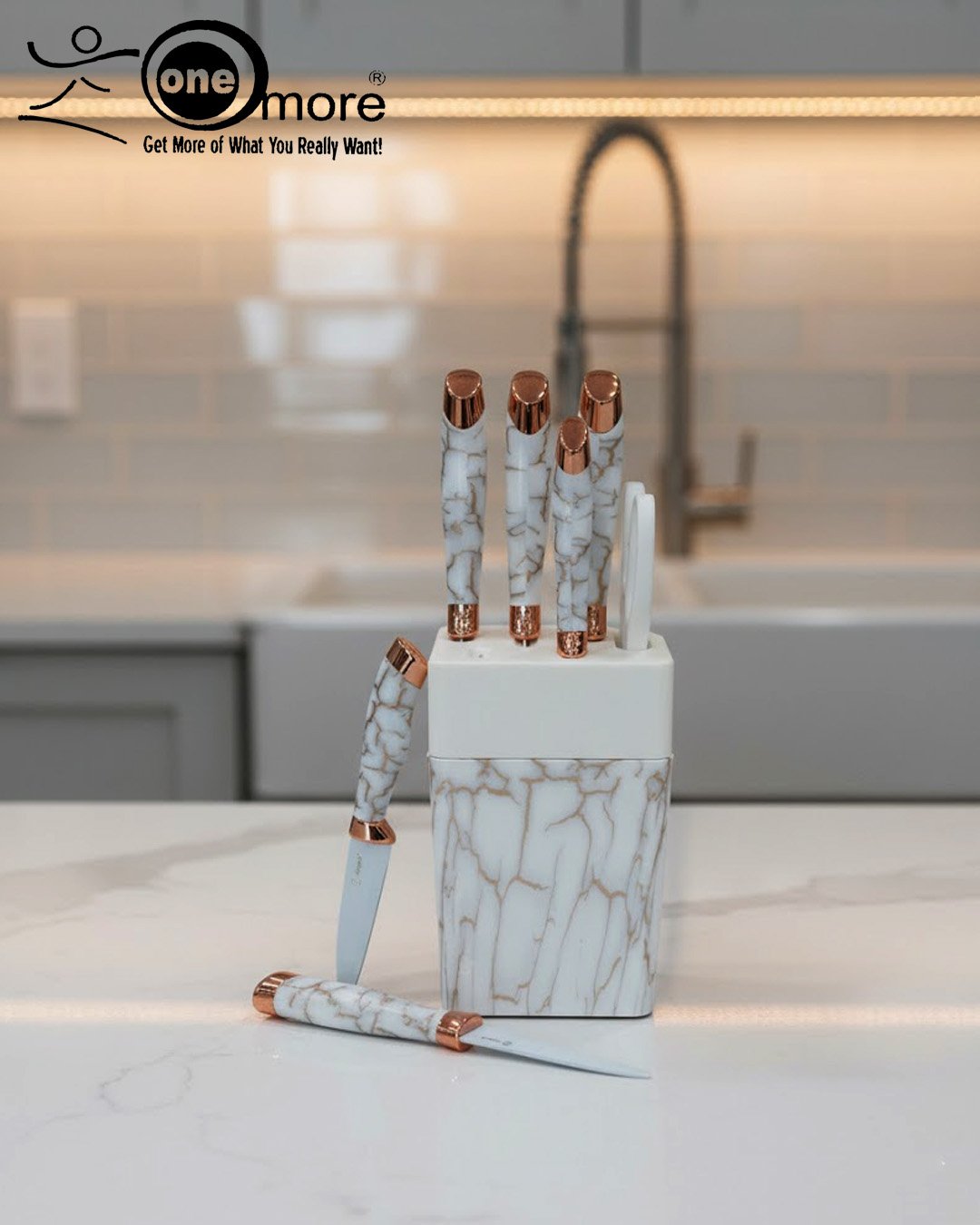 Elevate your kitchen counter with the 'One More' Marble & Rose Gold Knife Set Elevate your kitchen counter with the 'One More' Marble & Rose Gold Knife Set