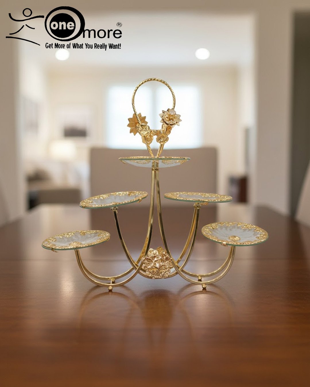 Luxurious gold tiered centerpiece serving stand with desserts and dry fruits on a coffee table. Ornate gold-plated serving tray for dry fruits and sweets. The Opulent Golden Tiered Serving Centerpiece Luxurious gold tiered centerpiece serving stand with desserts and dry fruits on a coffee table. Ornate gold-plated serving tray for dry fruits and sweets. The Opulent Golden Tiered Serving Centerpiece