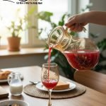 Elegant 7-piece glass water set by One More featuring one amber glass pitcher and six matching goblets, all decorated with a black and gold tulip design.