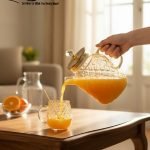 Full 7-piece amber glass water or tea set displayed on a wooden dining table with place mats and six matching cups.