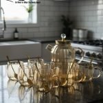 Full 7-piece amber glass water or tea set displayed on a wooden dining table with place mats and six matching cups.