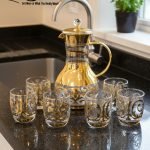 Elegant 7-piece glass beverage set with gold accents including a decanter and six tumblers, shown on a table setting and being used to pour a golden drink.