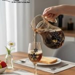 Elegant 7-piece glass water set by One More featuring one amber glass pitcher and six matching goblets, all decorated with a black and gold tulip design.