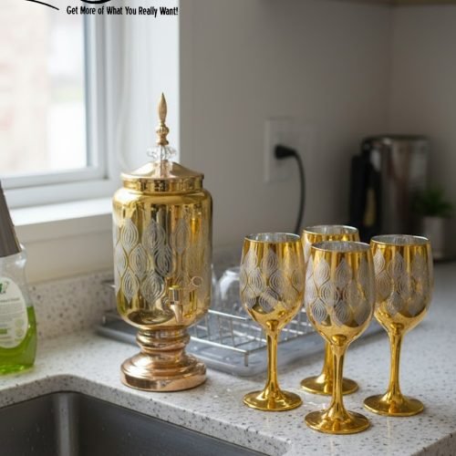 Fancy gold-tone beverage dispenser set with six matching stemmed goblets. The dispenser and glasses have a clear body overlaid with a delicate, scrolling gold floral pattern, and the goblets have solid gold bases.