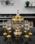 Gold and color-accented honeycomb pattern beverage dispenser and six matching wine glasses set. Available colors include white, teal, emerald green, and navy blue.