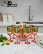 Luxury painted glass water set: 1 jug, 6 stemmed glasses with gold and vibrant color metallic finish.