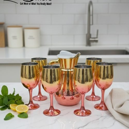 Luxury painted glass water set: 1 jug, 6 stemmed glasses with gold and vibrant color metallic finish.