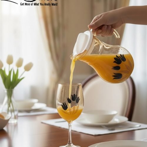 Elegant 7-piece glass water set by One More featuring one amber glass pitcher and six matching goblets, all decorated with a black and gold tulip design.