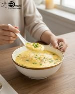 14-piece ceramic soup and ramen bowl set in four color variations: light blue, warm beige, sunset orange, and deep violet marble patterns, all including ceramic spoons and a large serving bowl.