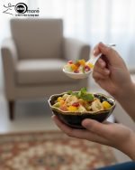 Elegant 14-piece ceramic soup set in six available colors (Black, Navy Blue, Taupe, Slate Grey, Dark Green, Mint Green) featuring scalloped gold rims; includes 1 large serving bowl, 6 small soup bowls, 1 serving spoon, and 6 individual soup spoons, displayed on a kitchen countertop.