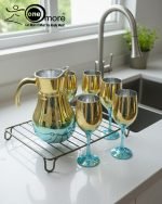 Luxury painted glass water set: 1 jug, 6 stemmed glasses with gold and vibrant color metallic finish.