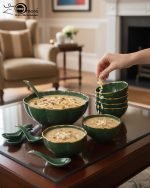 14-piece ceramic soup bowl and spoon set featuring a large serving bowl, six individual bowls, and seven matching spoons, all with a rich color glaze and elegant hand-painted gold rim, available in five colors: black, green, white, taupe, and deep teal.