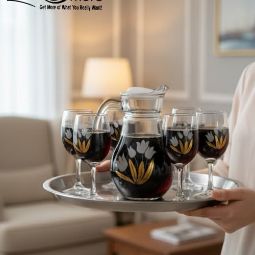 7-piece glass water set, including a clear glass jug/pitcher with white lid and six stemmed wine glasses, all featuring an elegant gold floral design, shown serving beverages in a home setting.