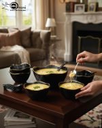 14-piece ceramic soup set in 5 colors (White, Black, Green, Blue, Pink) with gold beaded rim detailing, including one serving bowl, six individual bowls, and seven spoons.