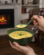 14-piece ceramic soup set in 5 colors (White, Black, Green, Blue, Pink) with gold beaded rim detailing, including one serving bowl, six individual bowls, and seven spoons.
