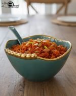 14-piece ceramic soup set in 5 colors (White, Black, Green, Blue, Pink) with gold beaded rim detailing, including one serving bowl, six individual bowls, and seven spoons.