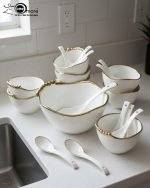 14-piece ceramic soup set in 5 colors (White, Black, Green, Blue, Pink) with gold beaded rim detailing, including one serving bowl, six individual bowls, and seven spoons.