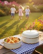 Set of three black insulated hot pot casseroles with gold trim and loop handles, sitting on a wooden dining table with a formal place setting.